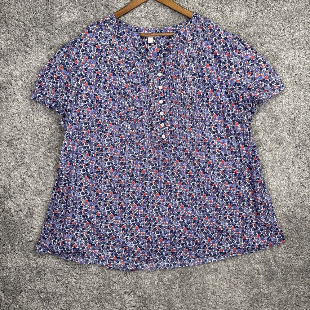 Woman Within Pintuck Blouse Top 2X (26/28) Purple Short Sleeve Floral 100%Cotton